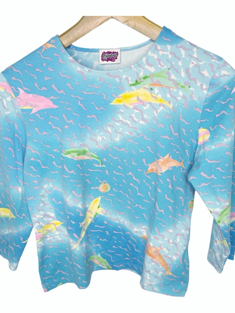 Leggiadro Dolphin Ocean Print Soft Shaped Top Size Medium Large 3/4 Sleeves